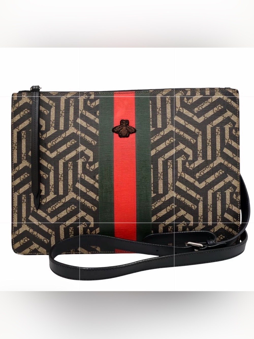GUCCI GG Supreme Geometric Bee Web Stripe Crossbody Bag — COA Included